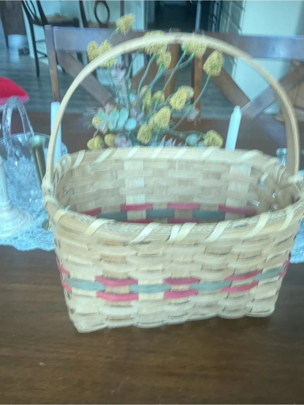Vintage Woven Splint Market Gathering Basket Dyed Red Green Band Farmhouse Decor